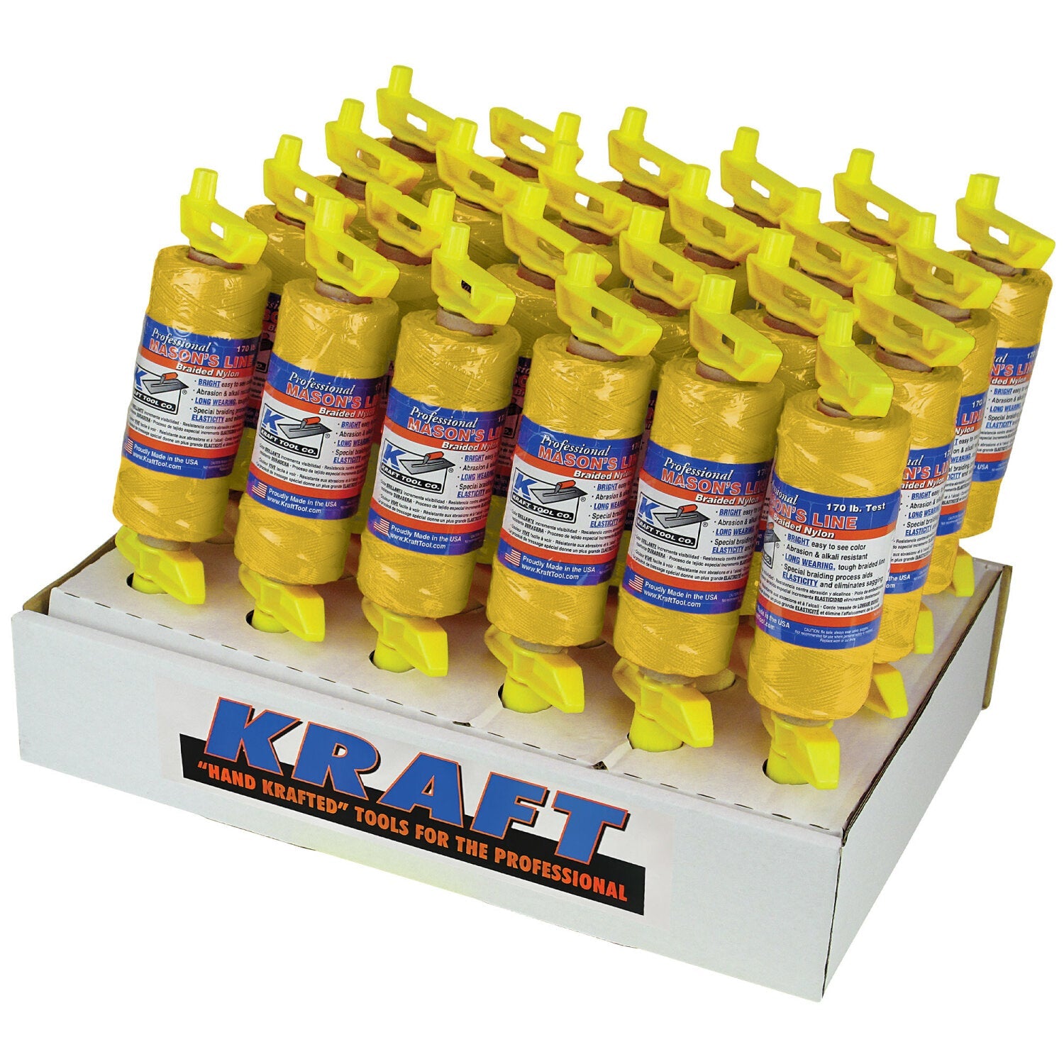Kraft Tool BC342D Yellow Braided Nylon Mason’s Line – 500′ EZ-Winder Display (Qty 24) on Sale