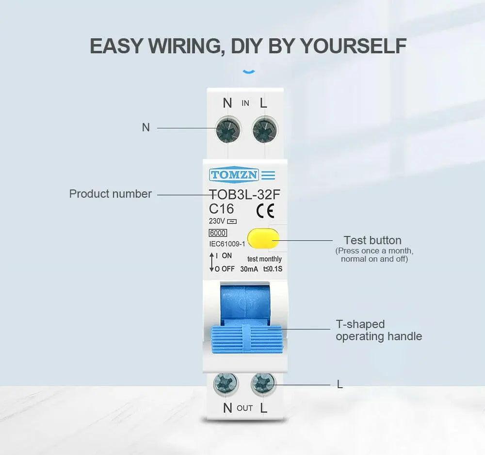 18mm One Modular 1P+N RCBO Breaker 30mA /  6A-32A Online Hot Sale