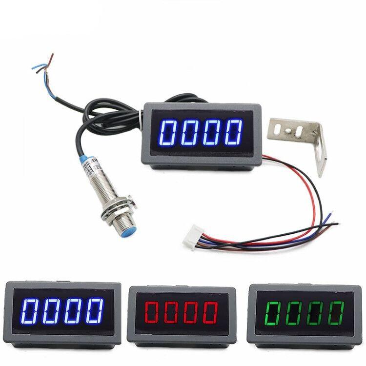 1Set 12V 24V Measuring Gauge 4 Digital Blue/Green/Red LED Tachometer RPM Speed Meter 10-9999RPM Hall Proximity Switch Sensor NPN Supply