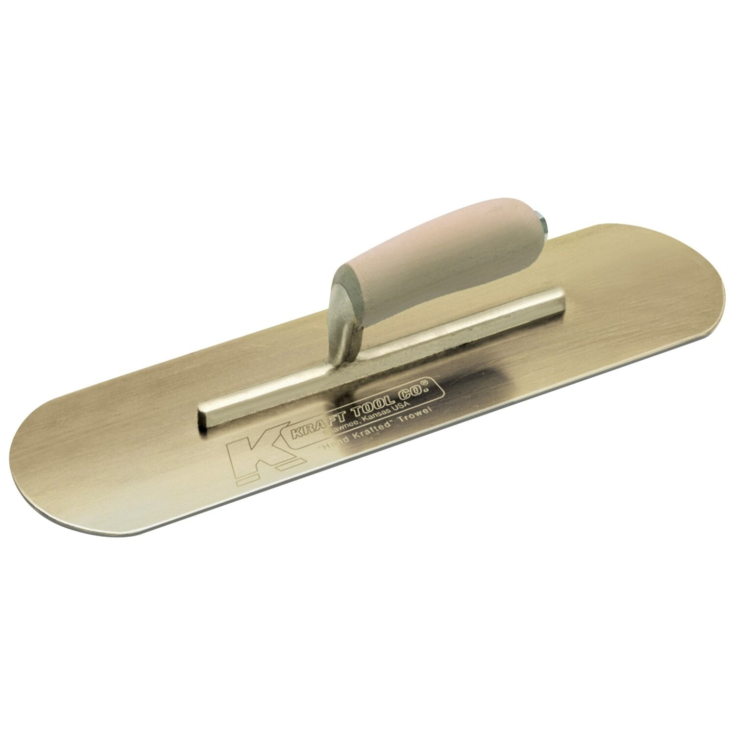 Kraft Tool CF276 12″ x 3-1/2″ Golden Stainless Steel Pool Trowel with a Camel Back Wood Handle on a Short Shank Supply