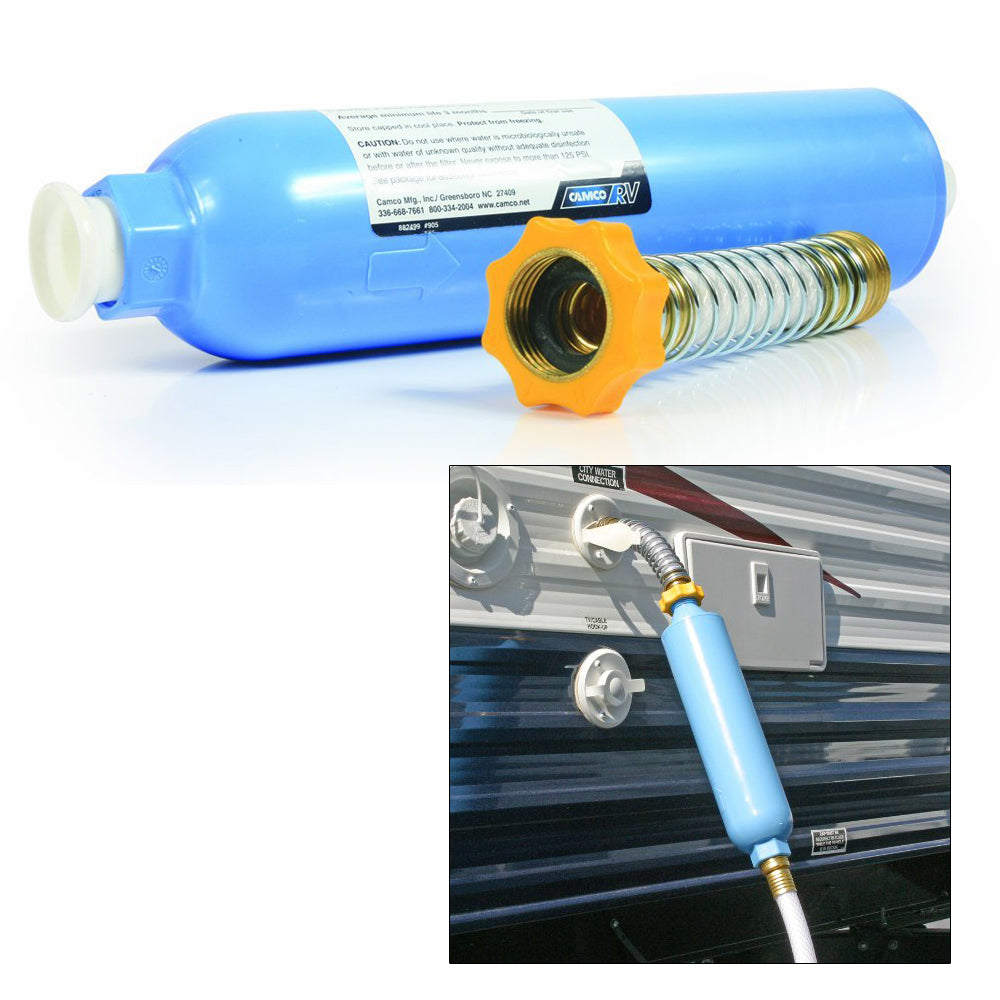 Camco TastePURE KDF/Carbon Water Filter w/Flexible Hose Protector [40043] Online now