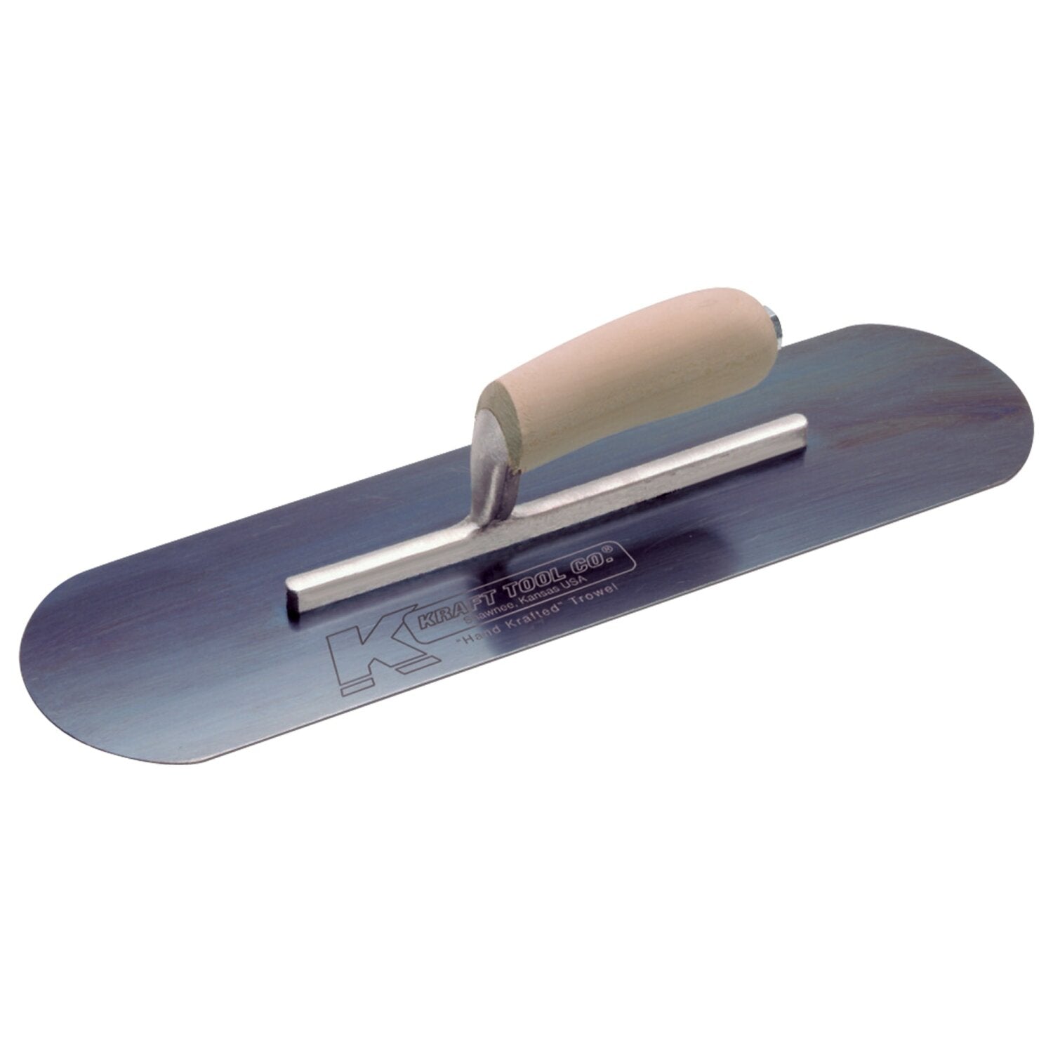Kraft Tool CF291B 18″ x 4-1/2″ Blue Steel Pool Trowel with Camel Back Wood Handle on a Short Shank Online Hot Sale