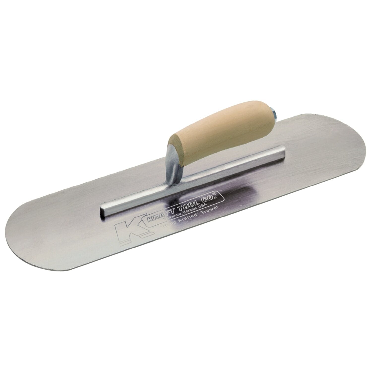 Kraft Tool CF436 12″ x 3-1/2″ Carbon Steel Pool Trowel with a Camel Back Wood Handle on a Short Shank on Sale