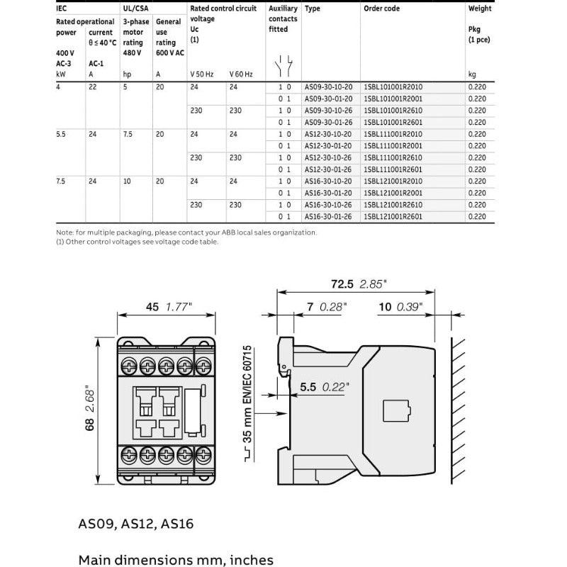 ABB AS09 3-pole Contactors AC operated| AS09-30-10-20  AS09-30-01-20 Optional Fashion