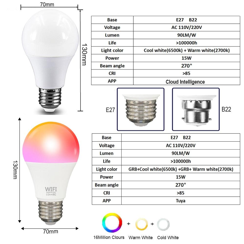 Dimmable 15W WiFi Smart Light Bulb B22 E27 LED RGB Lamp Work with Alexa/Google Home RGB+White Dimmable Timer Function Magic Bulb Online Sale