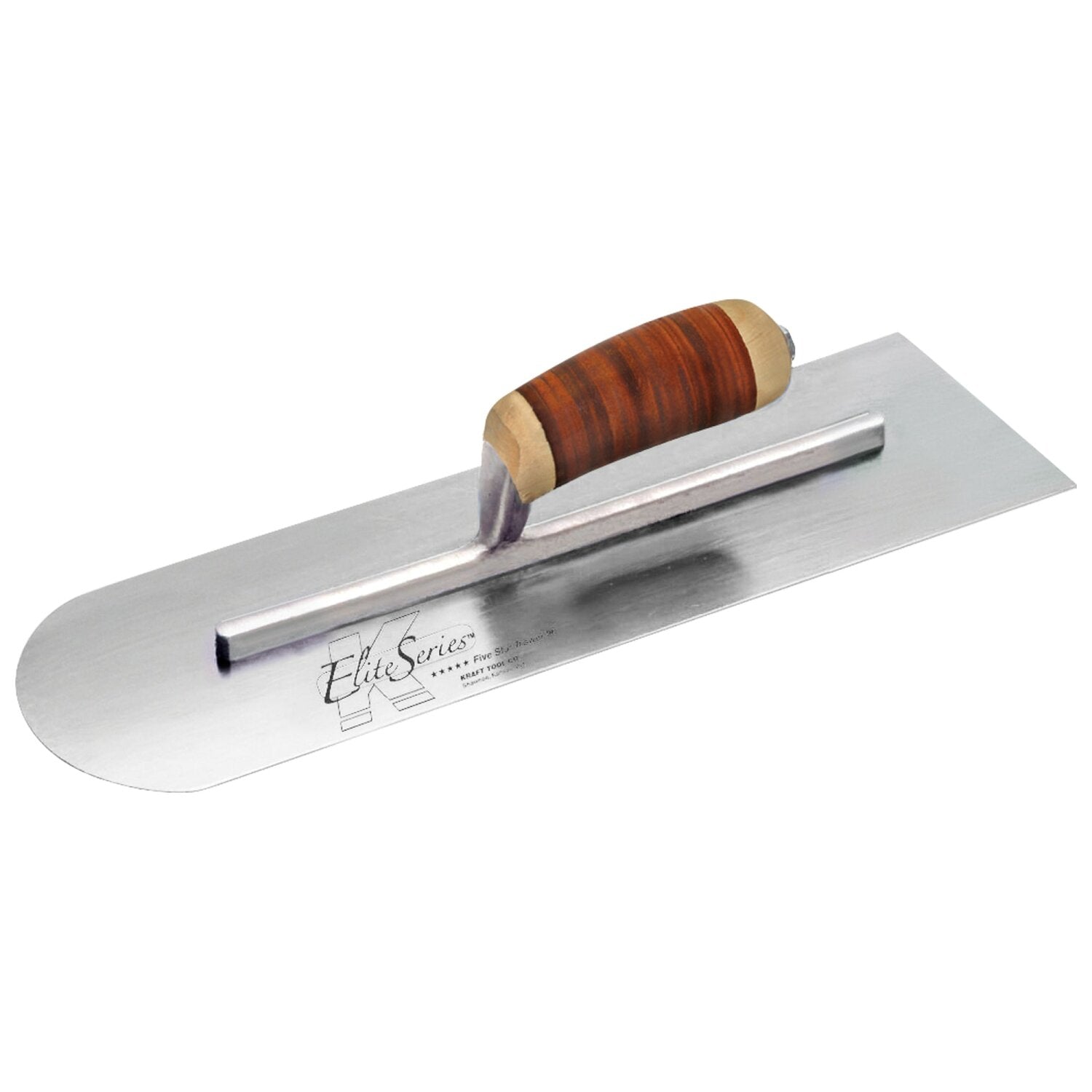 Kraft Tool CFE286L Elite Series Five Star 18″ x 4″ Carbon Steel Round Front/Square Back Trowel with Leather Handle Online Sale