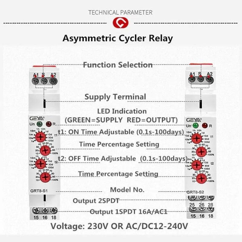 GEYA- GRT8-S Asymmetric Cycle Timer Relay|  AC/DC12V-240V optional Fashion