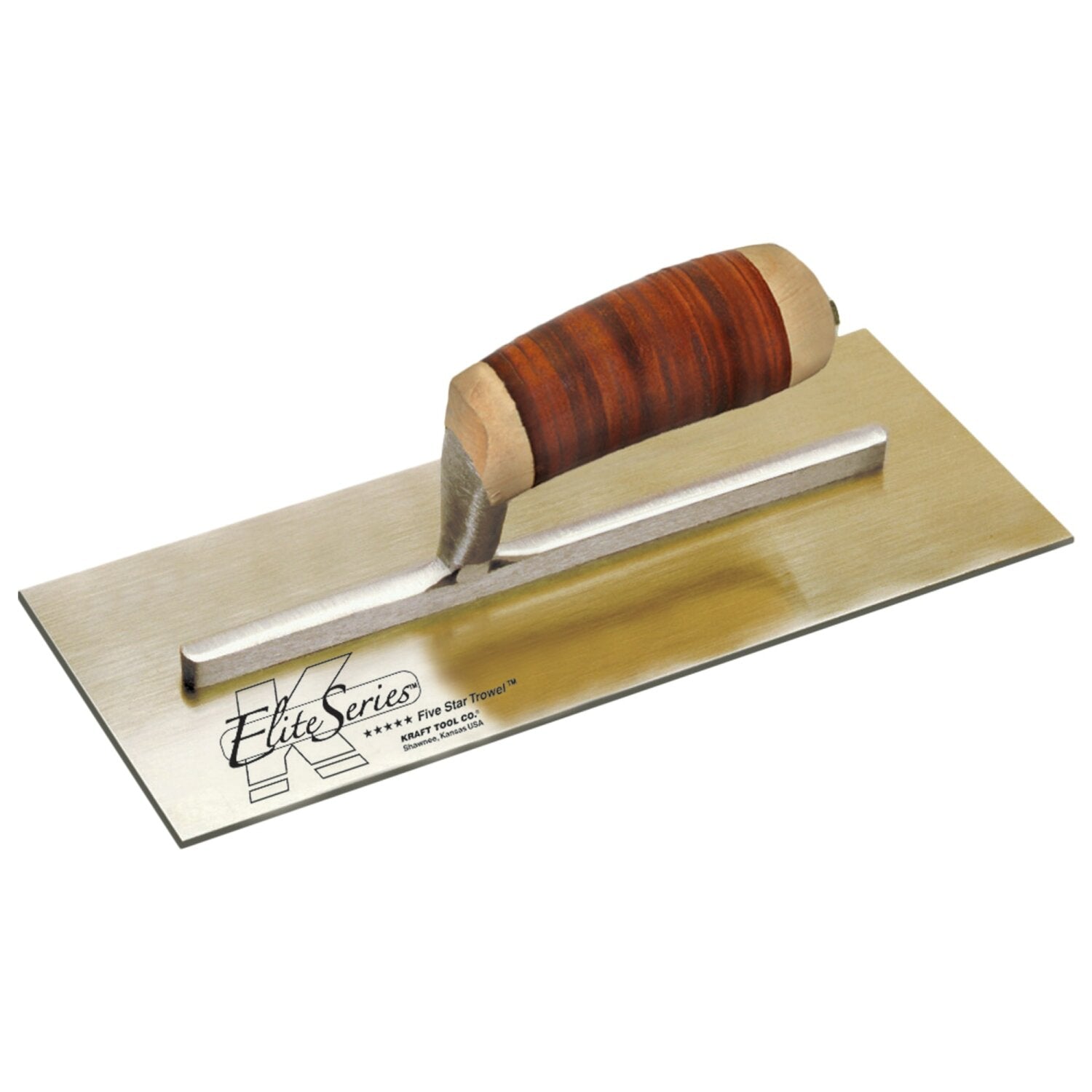 Kraft Tool PLE457L Elite Series Five Star 11-1/2″ x 4-3/4″ Golden Stainless Steel Plaster Trowel with Leather Handle on Sale