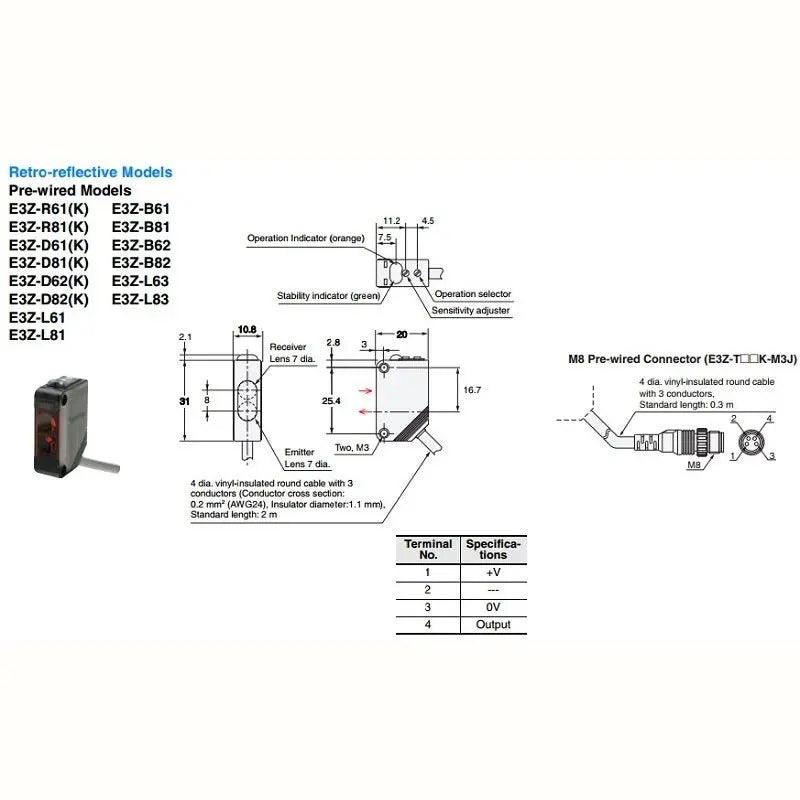 Omron- Photoelectric Sensor Retro-reflective with MSR function E3Z-R61 E3Z-R81 optional on Sale
