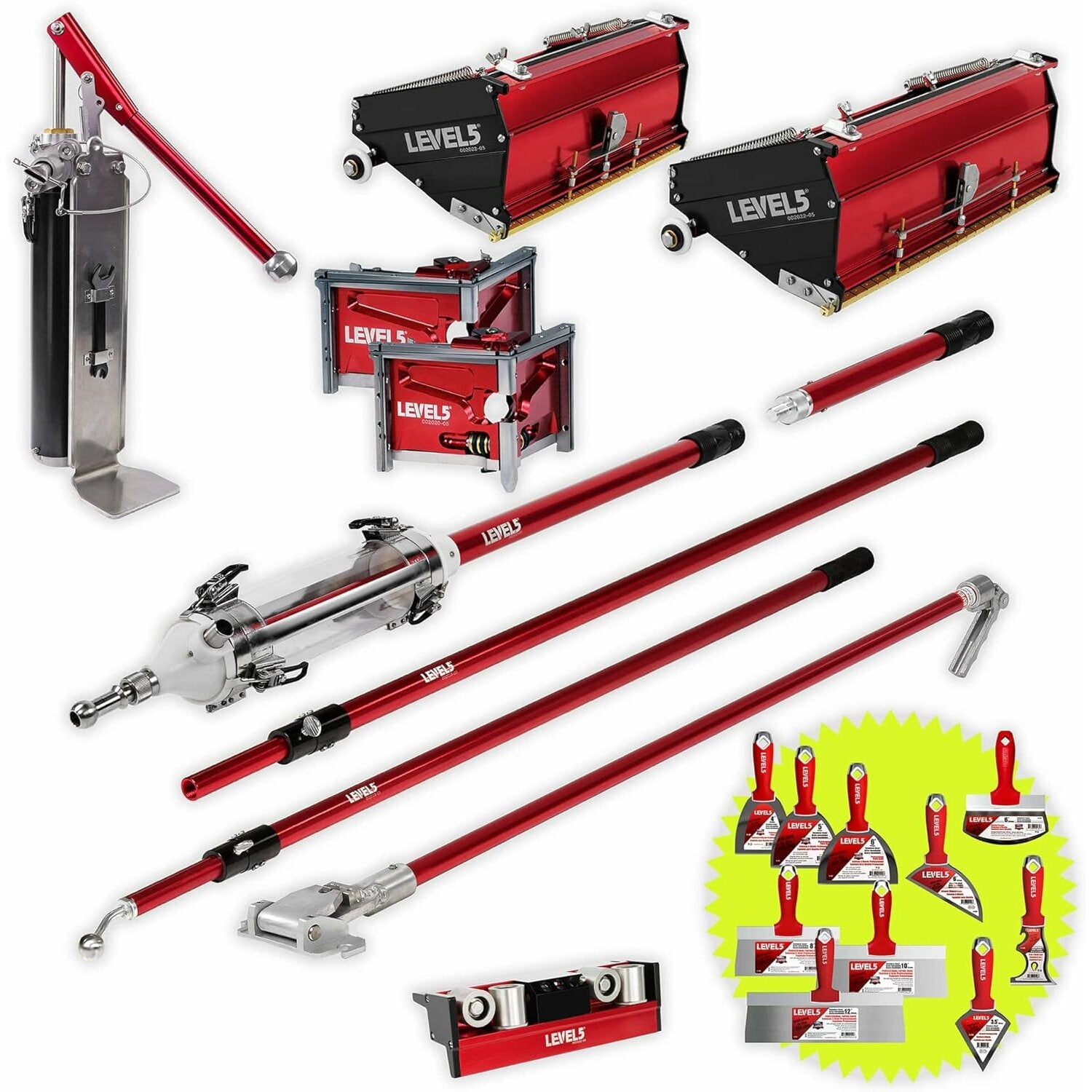Level5 4-681 Automatic Taper, 10/12″ Flat Boxes, 3/3.5″ Corner Finishers, MiniShot, Pump, Roller, Ext. Handles Hot on Sale