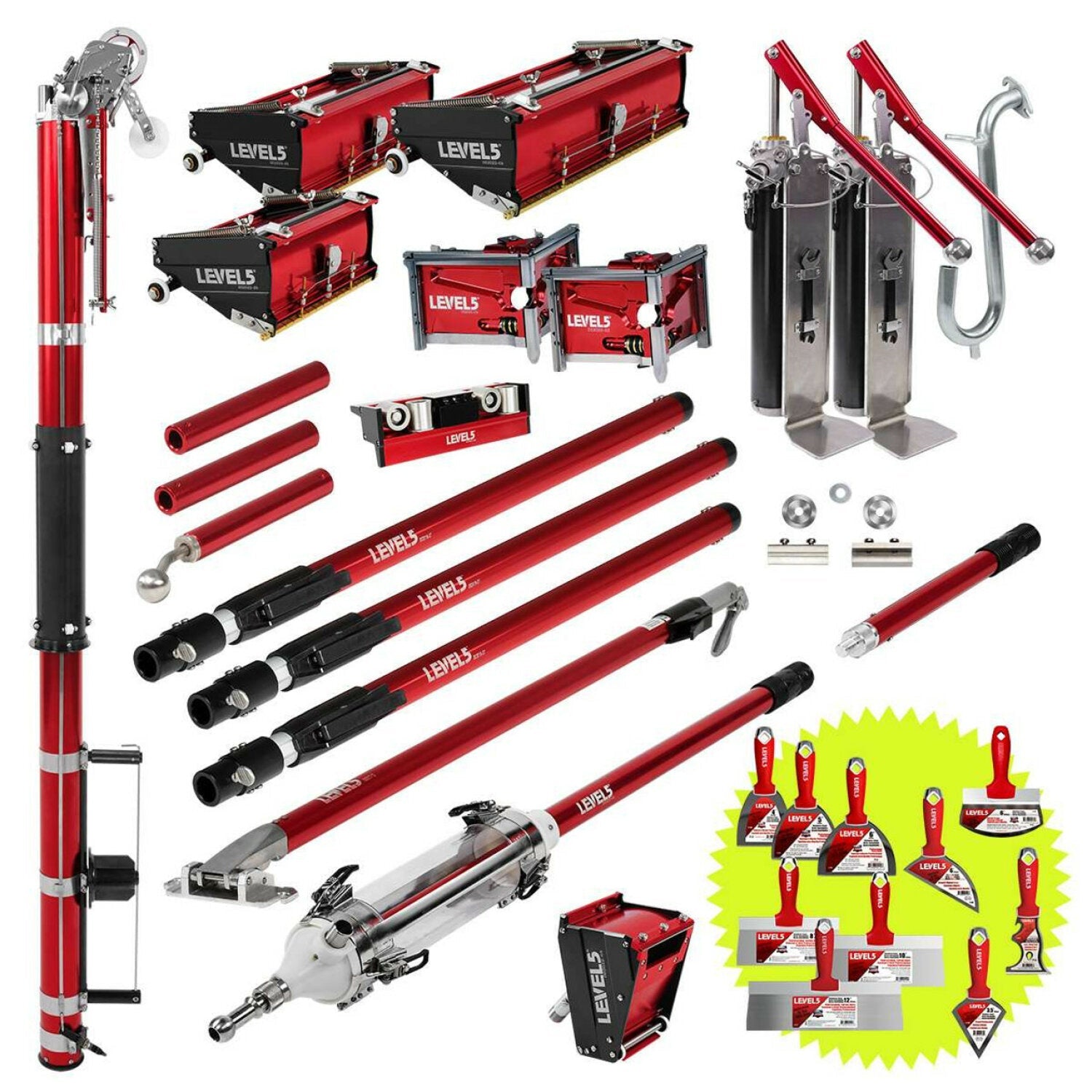 Level5 4-677 Automatic Taper, 7/10/12″ Flat Boxes, 3/3.5″ Corner Finishers, MiniShot, Nail Spotters, 2 Pumps, Roller, Ext. Handles Supply
