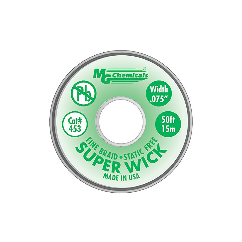 MG Chemicals 453 #3 Fine Braid Super Wick with RMA Flux 50′ Length x 0.075 Width Green on Sale