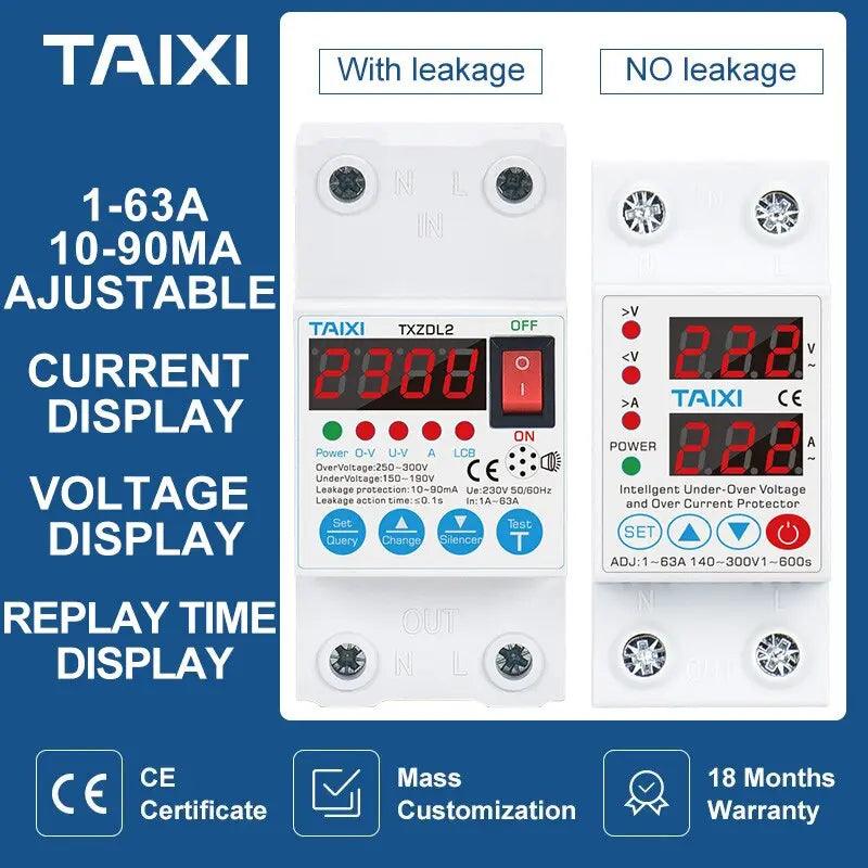 TAIXI- Adjustable1~63A Auto-Recovery Over/Under Voltage Protector on Sale