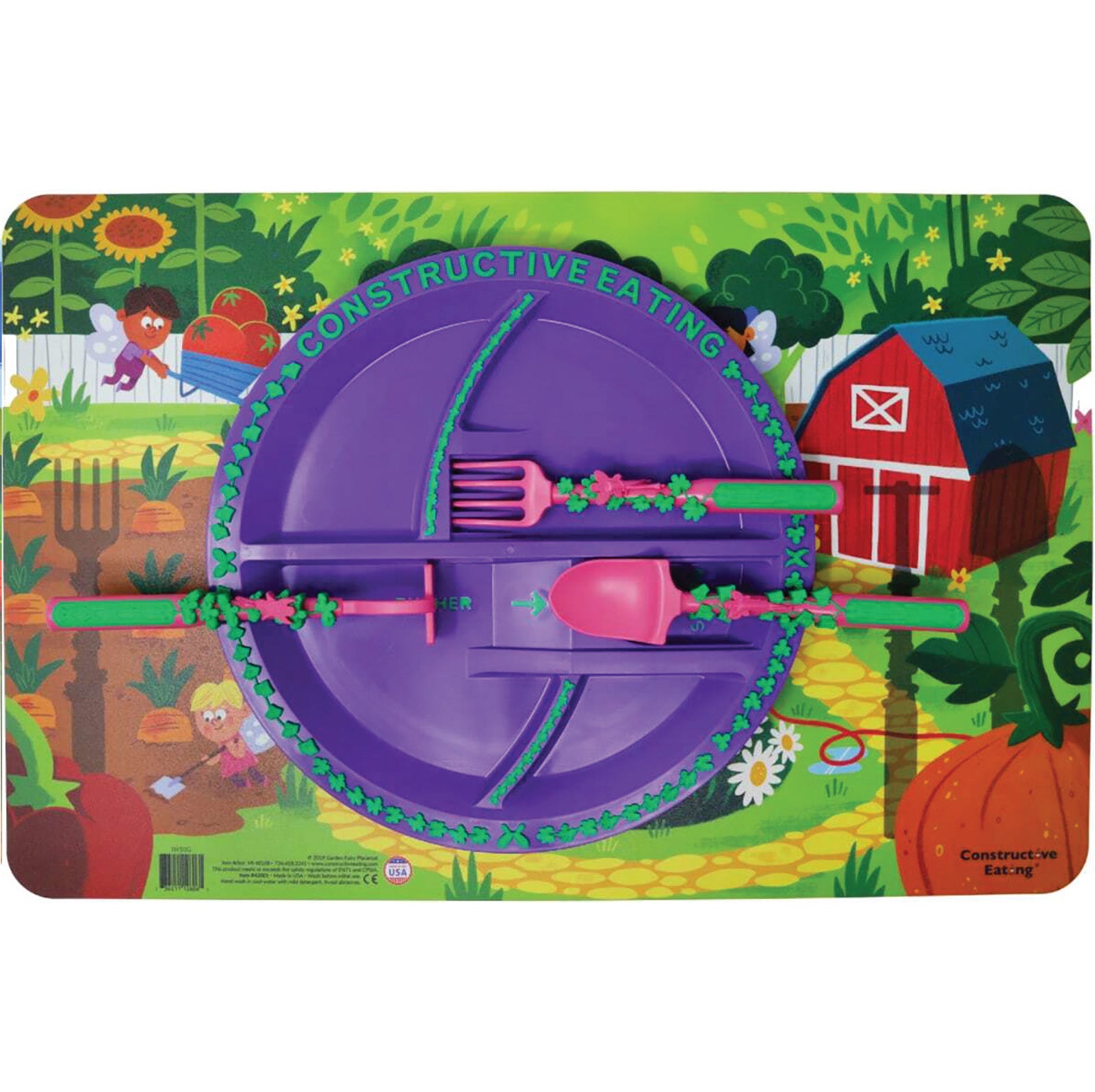 Constructive Eating Garden Fairy Utensil, Divided Plate, and Placemat Set for Kids and Toddlers Fashion