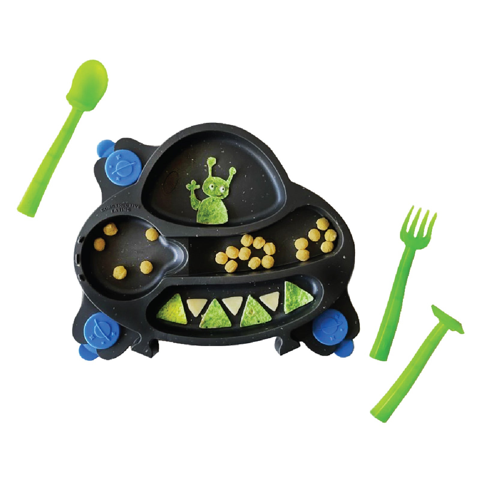 Constructive Eating UFO Theme Divided Suction Training Plate and Utensils for Kids and Toddlers Supply