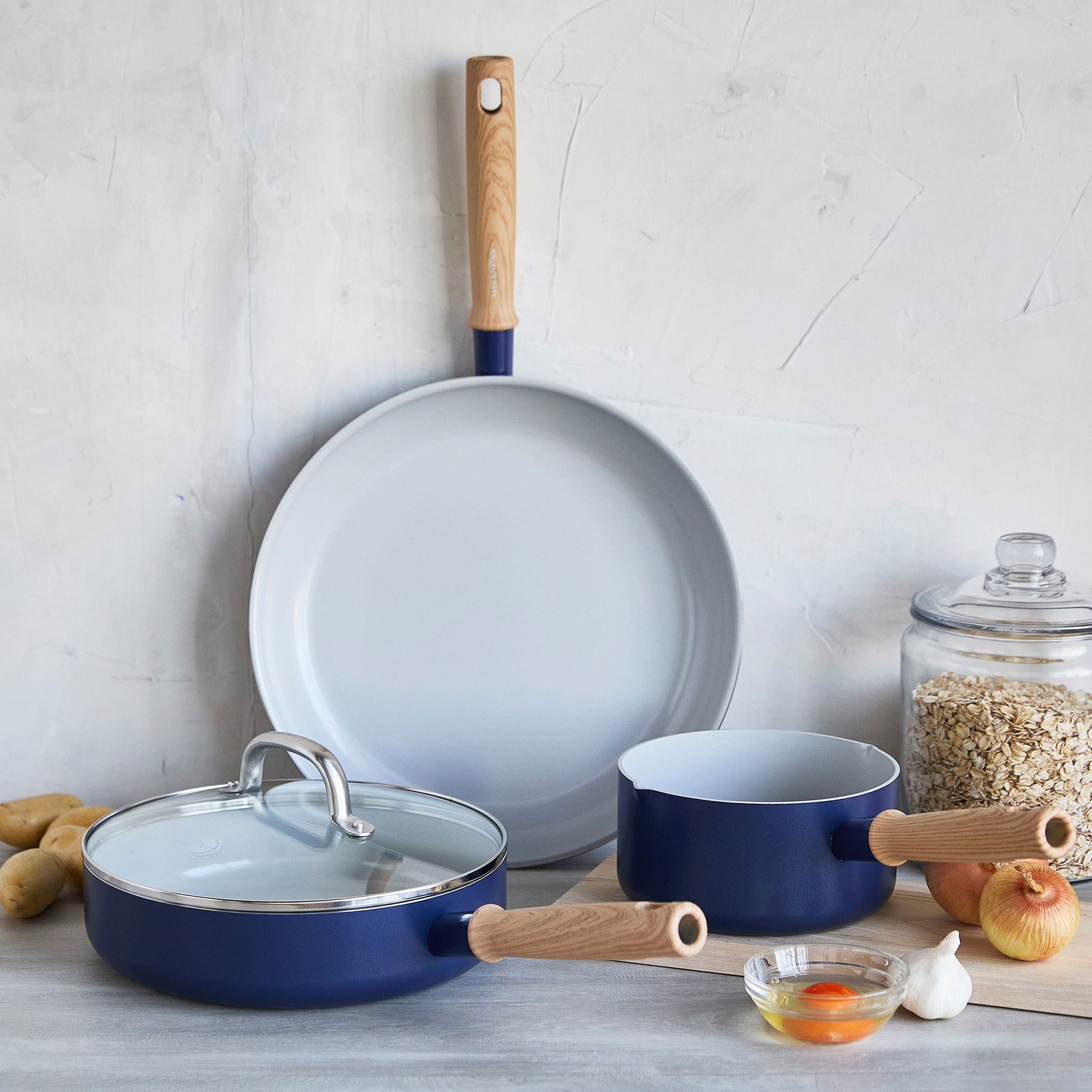 GreenPan Mid Century Modern Healthy Ceramic Cookware Set, 12-Inch Fry Pan, 1.6 Qt Saucepan, 2.8 Qt Saute Pan, Navy Blue Online Hot Sale