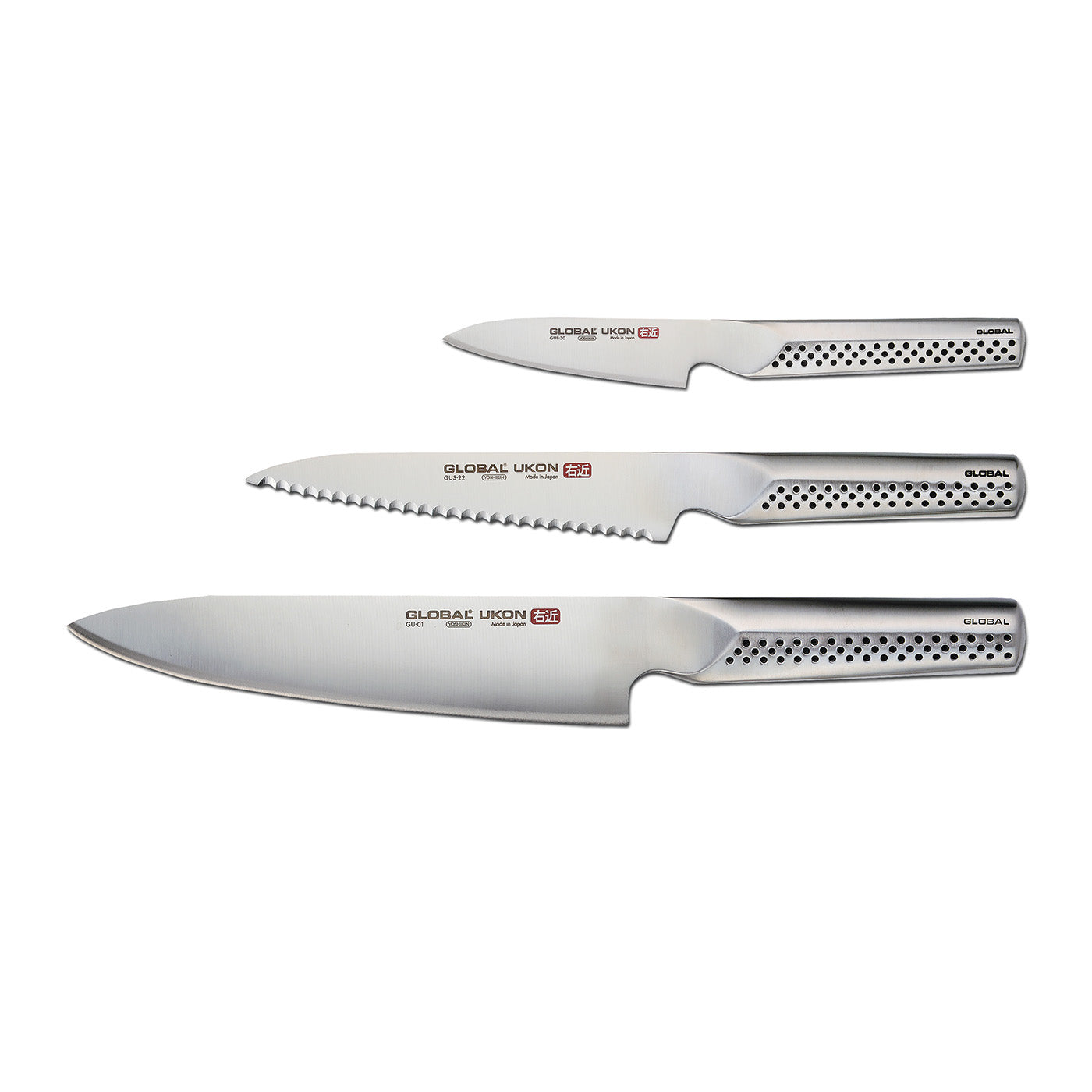 Global UKON 3 Piece Knife Set, 3.5″ Paring, 6″ Serrated Utility, 8″ Chef’s Sale