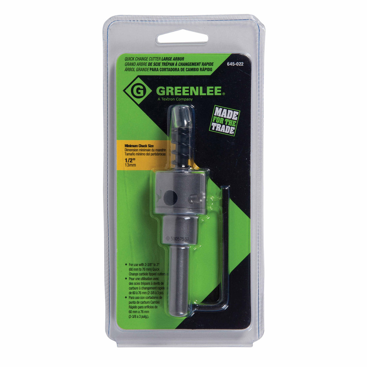 Greenlee 645-022 Quick Change Carbide-Tipped Arbor For 2-3/8″ to 3″ Cutters, 1/2″ Shank Online Hot Sale