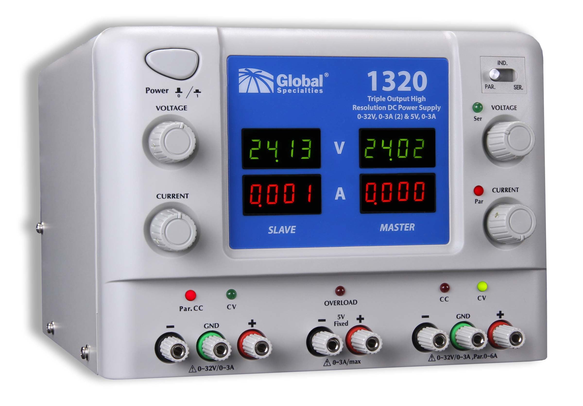1320: Triple Output High Resolution DC Power Supply: 0-32V, 0-3A (2) & 5V, 3A on Sale