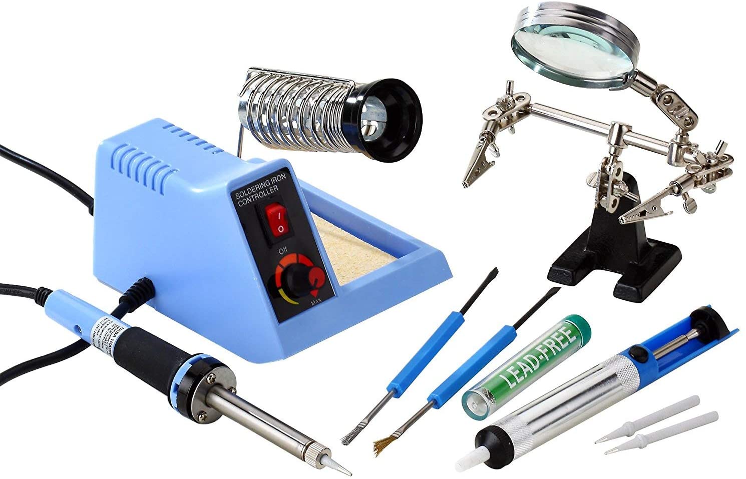48W Temperature Controlled Soldering Station Kit with Helping Hand, Desoldering Pump, Solder Aid Kit, Solder, and 2 Spare Tips Supply
