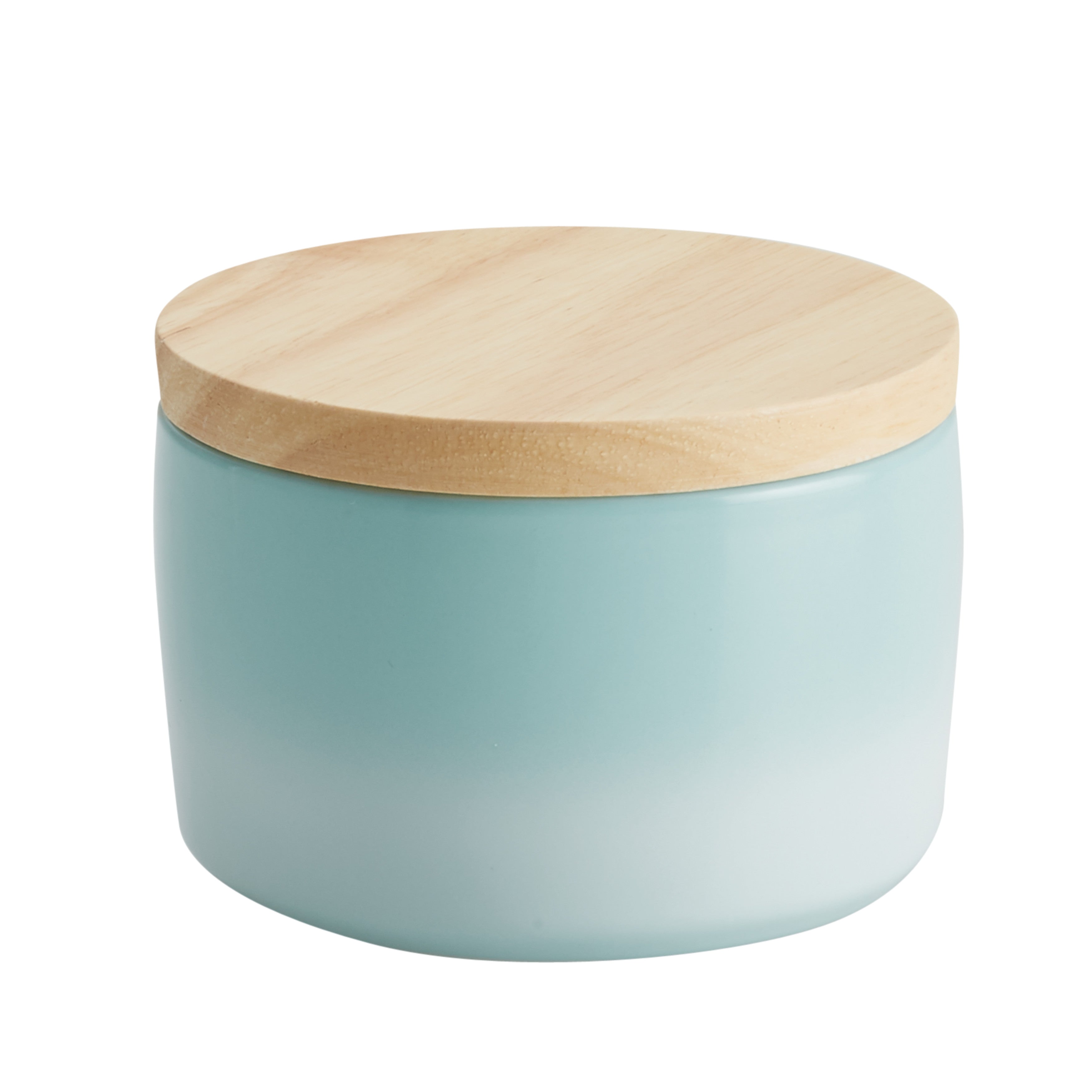 Rachael Ray 9-ounce Ceramic Salt and Spice Box with Wood Lid, Light Blue Ombre Supply