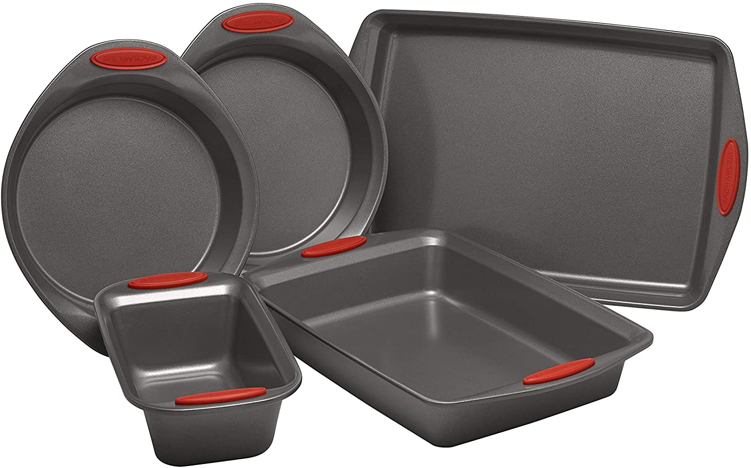 Rachael Ray 5 Piece Nonstick Bakeware Set, Gray with Red Grips Supply