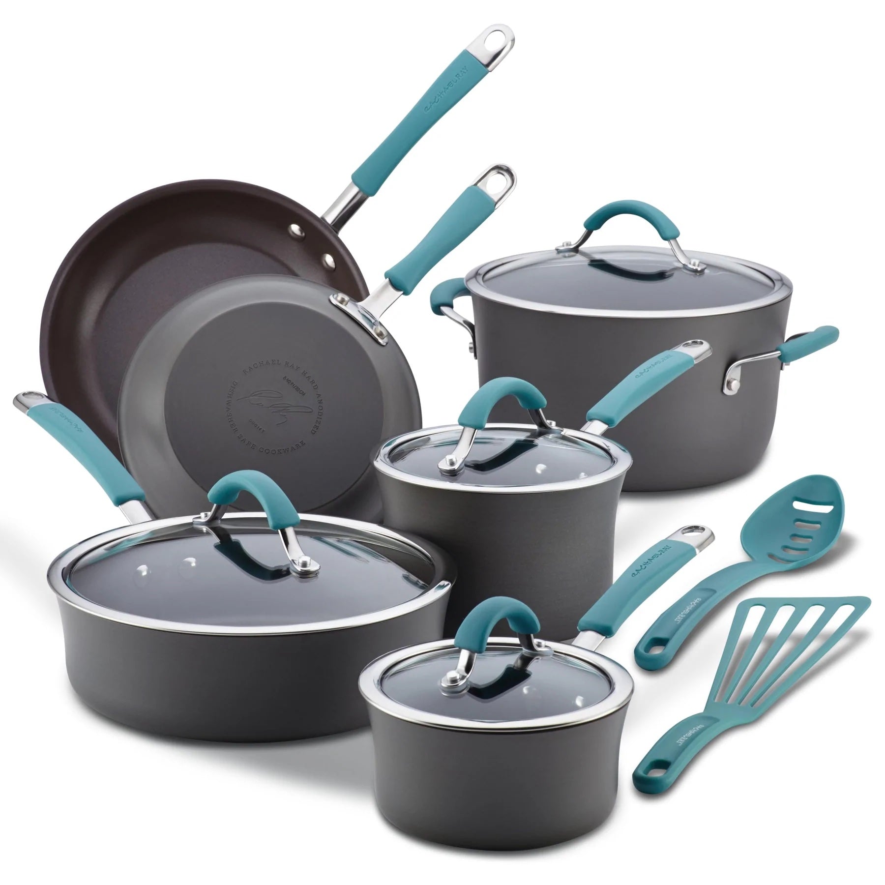 Rachael Ray Cucina Hard Anodized Nonstick Cookware Set, 12 Piece, Blue Handles on Sale