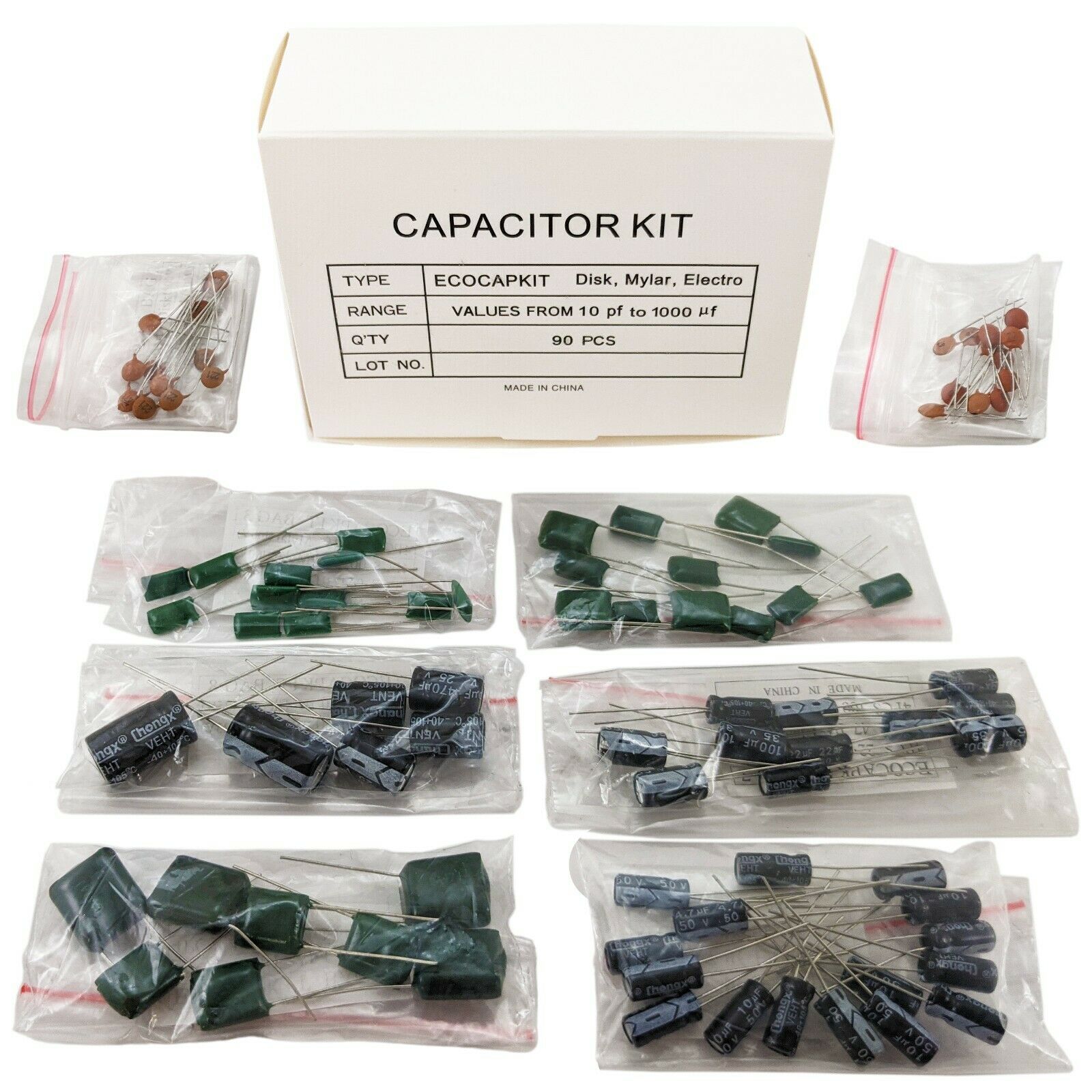 Capacitor Kit, 90 Assorted Disk, Mylar, and Electro Capacitors in Storage Box Online