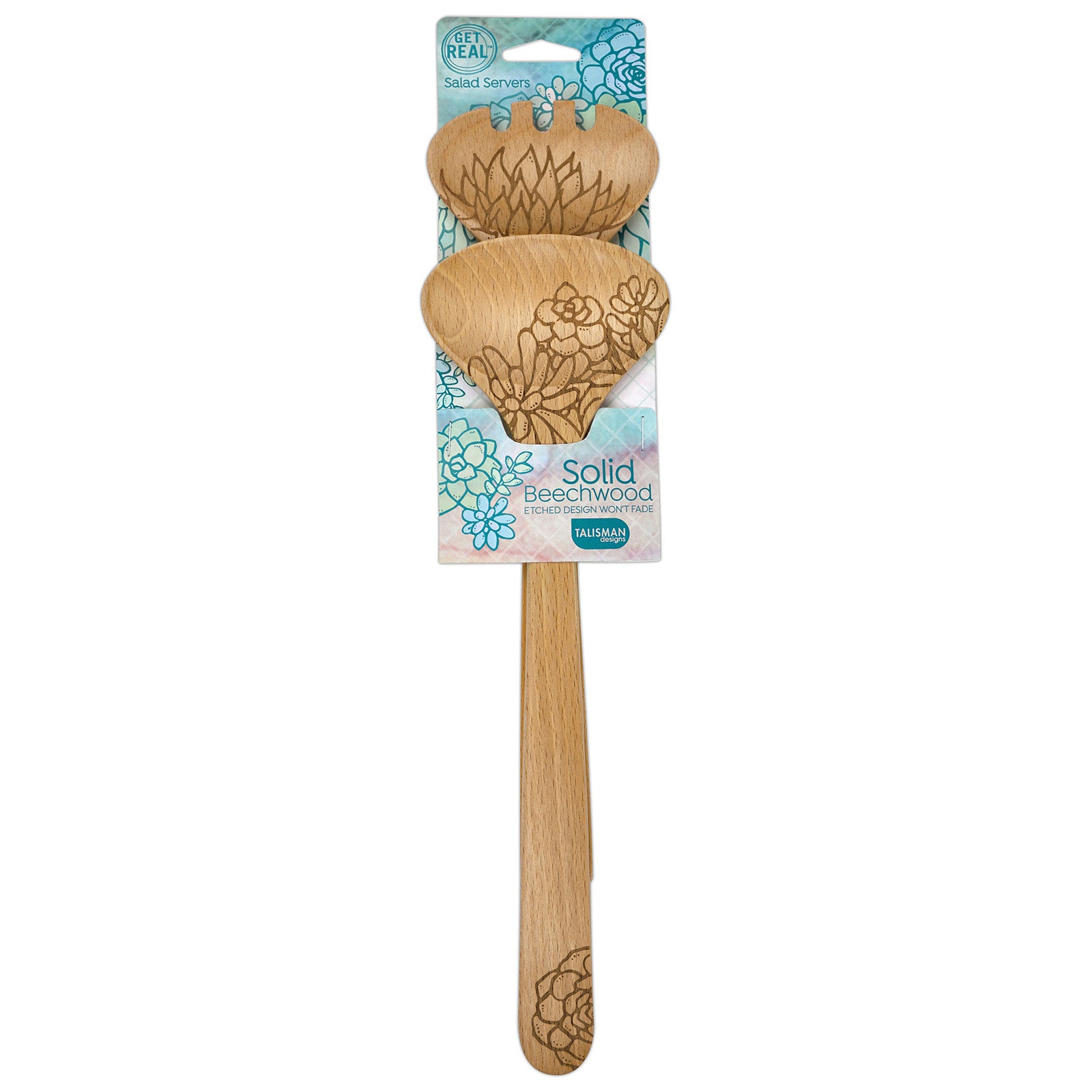 Talisman Designs Laser Etched Beechwood Salad Serving Set, Succulent Collection Fashion