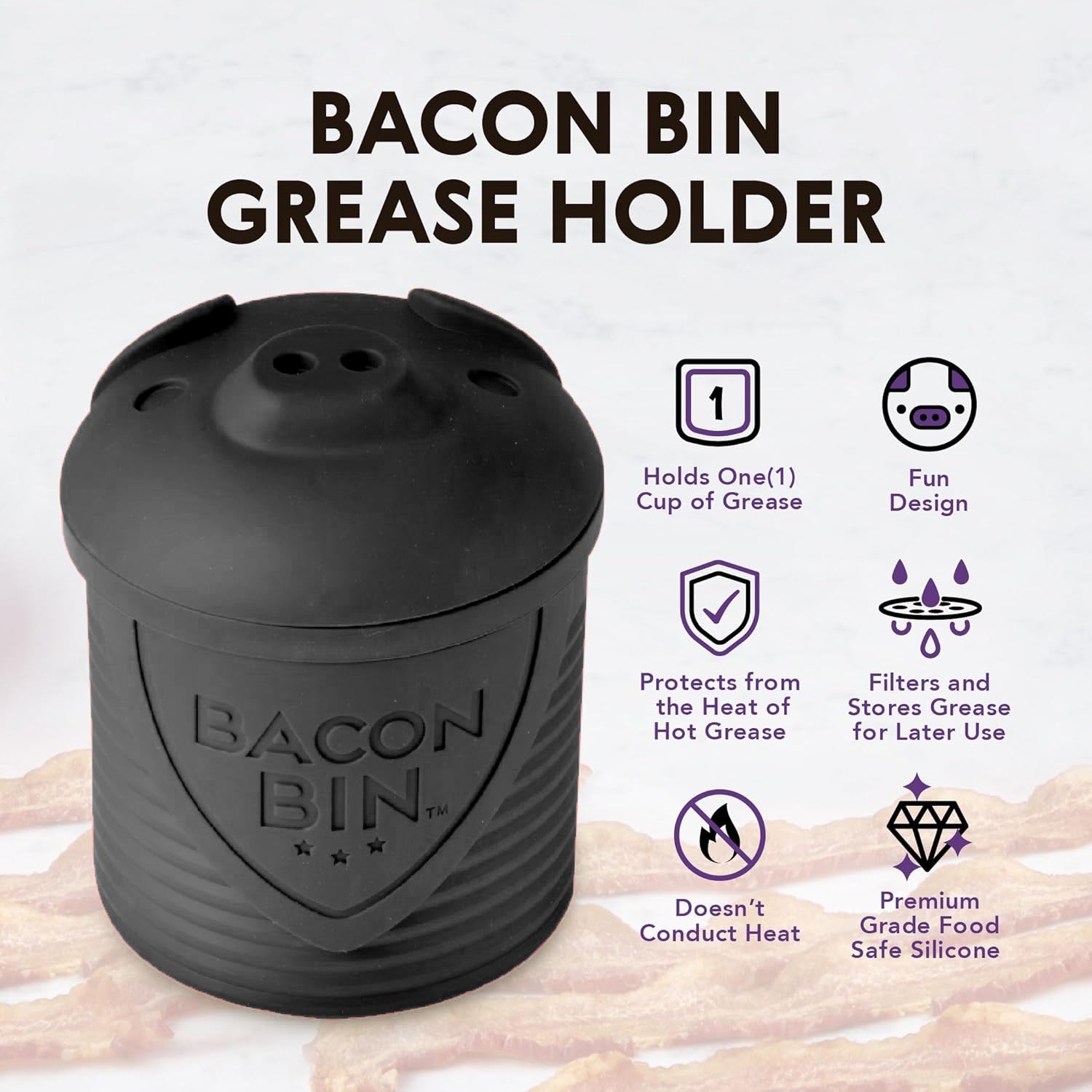 Talisman Designs Bacon Bin Silicone Grease Container with Strainer, 1 cup, Black Online now