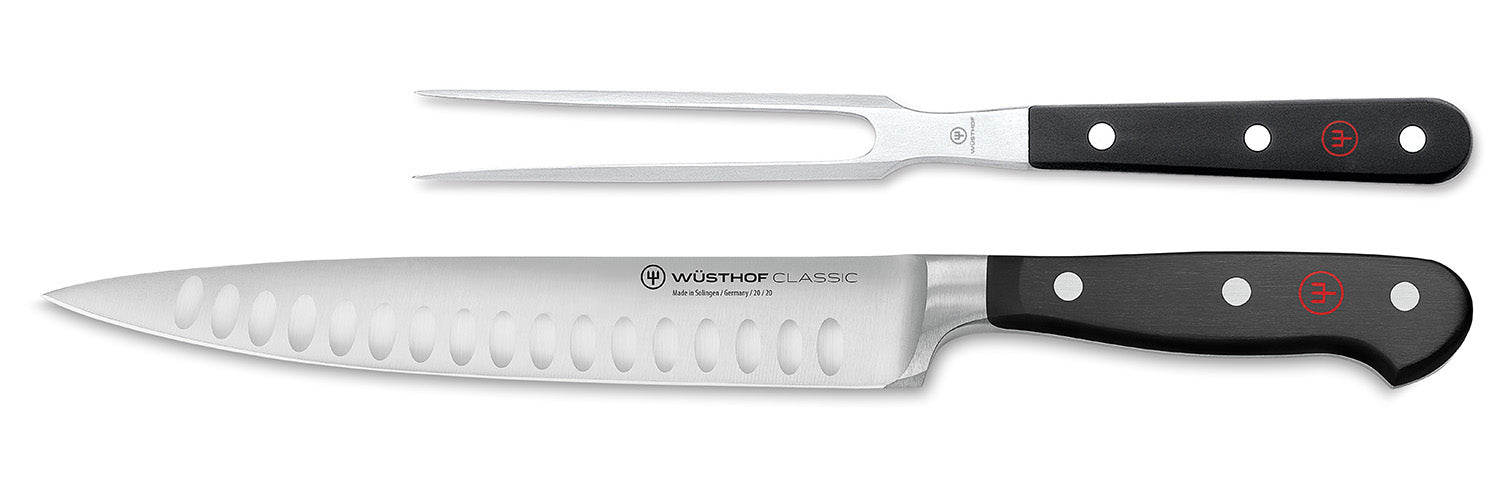 Wusthof Classic 2 Piece Carving Knife & Fork Set Hollow Edge Hot on Sale