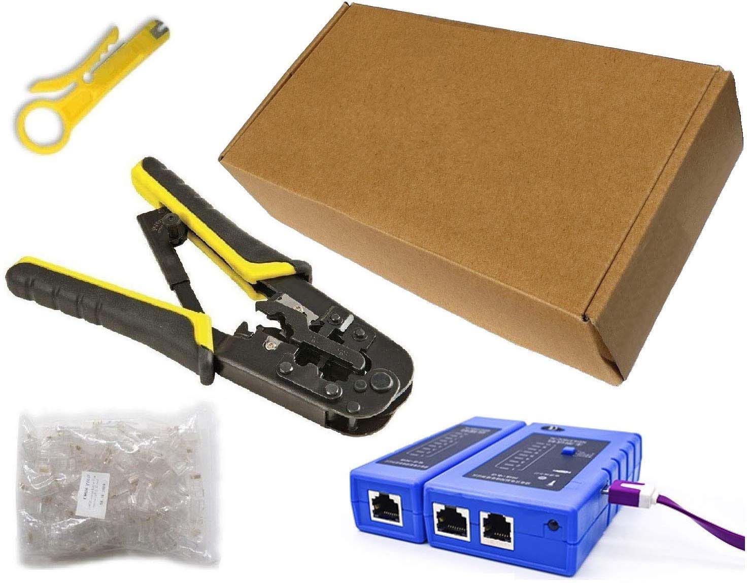 Crimper & Cable Tester Kit with 100 RJ45 CAT5e Connector Plugs & Wire Stripper Hot on Sale